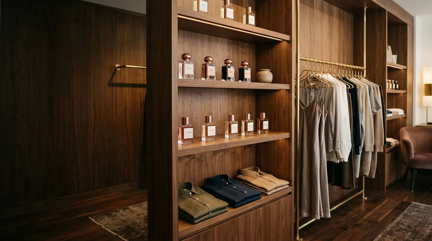 Interior da Tião Store com prateleiras de madeira, perfumes e araras de roupas